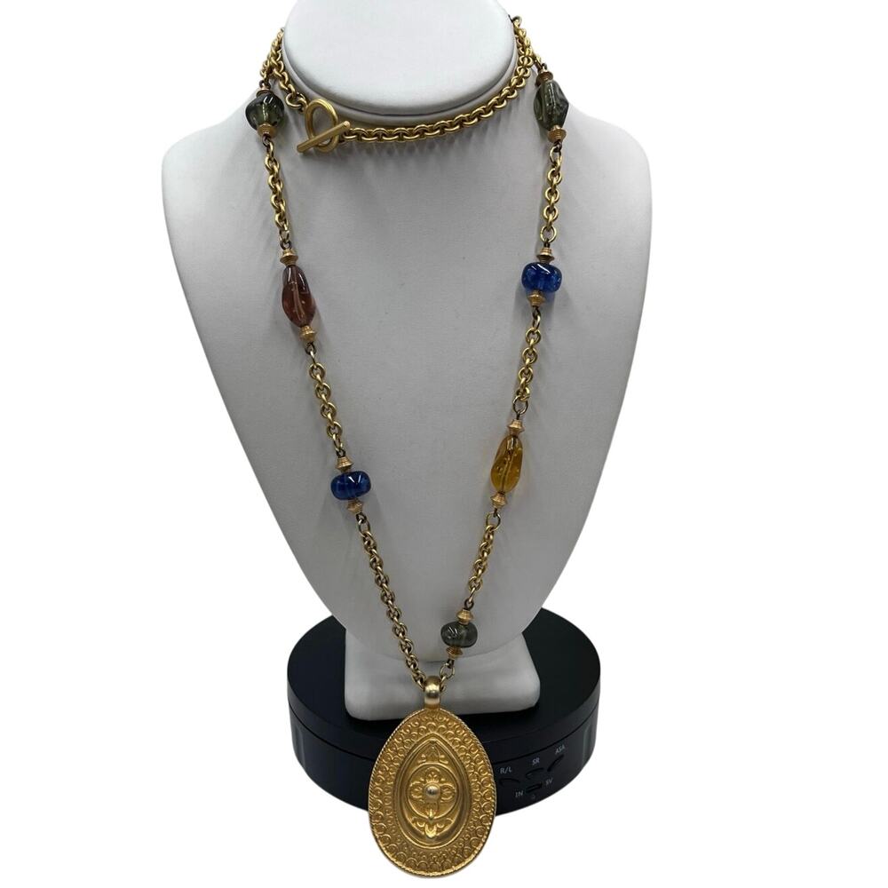 Vintage Multicolor Bubble Lucite Bead Stations Gold tone oval Medallion Necklace